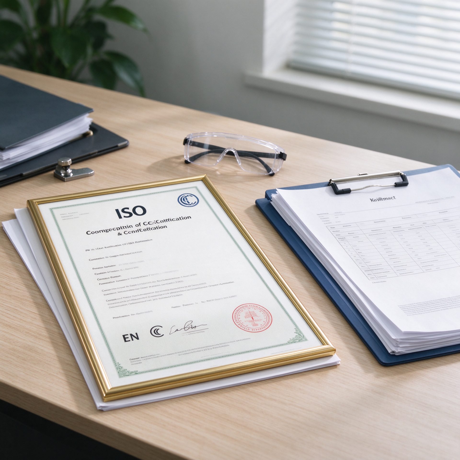 ISO and EN certification documents on a desk