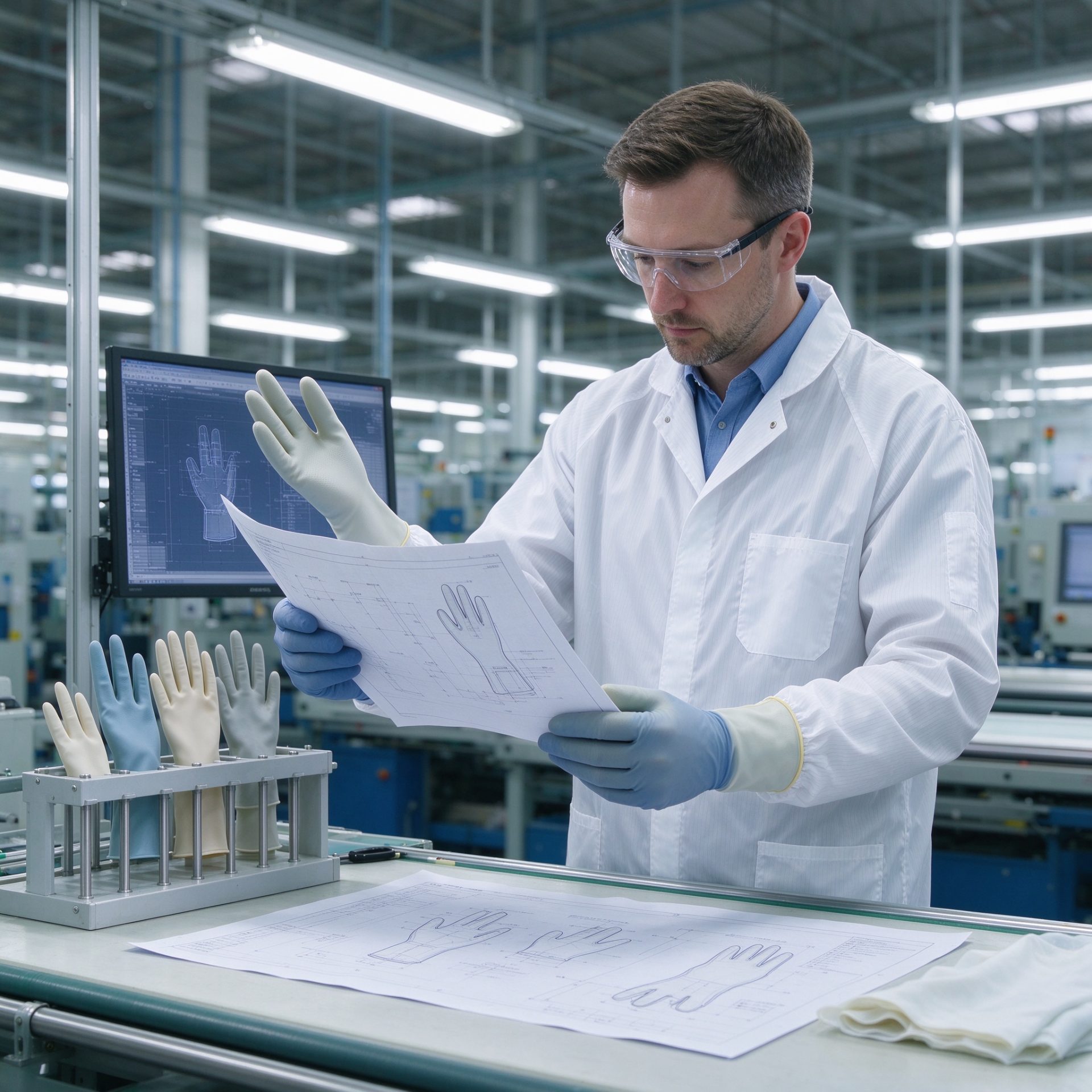 Engineer comparing a glove sample against a drawing