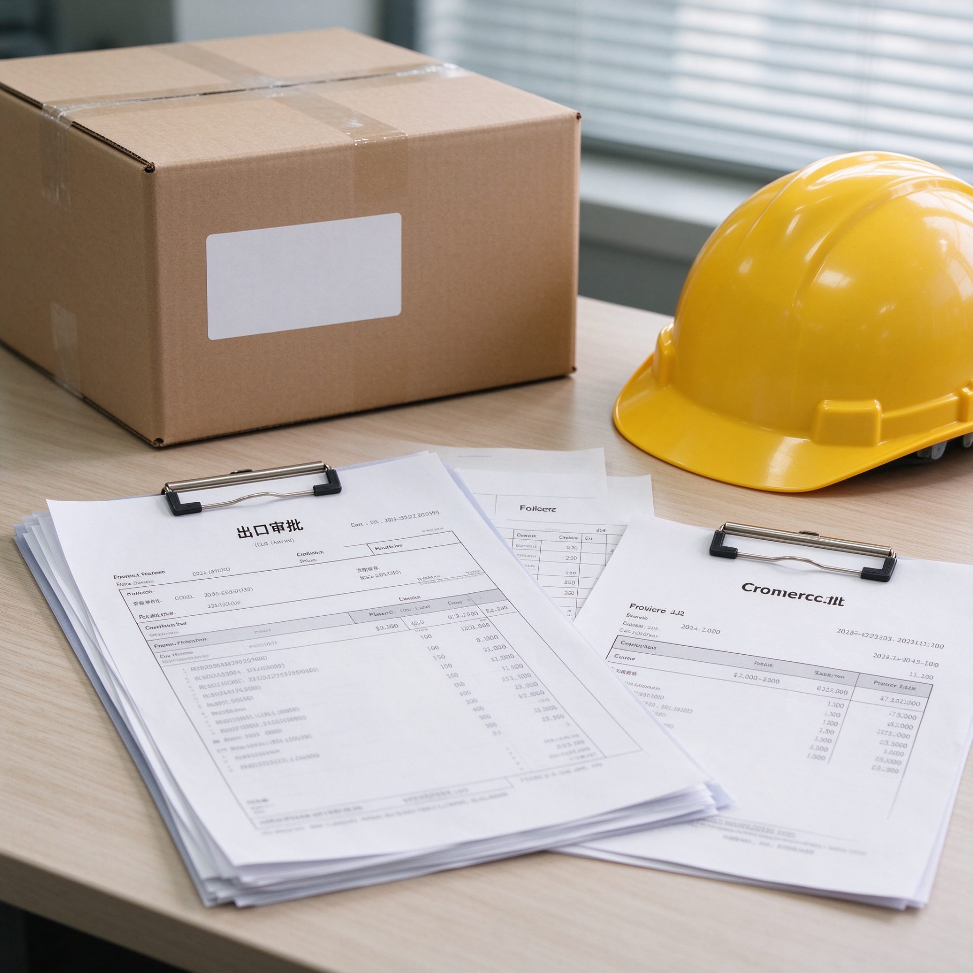 Export shipping documents and carton on a desk