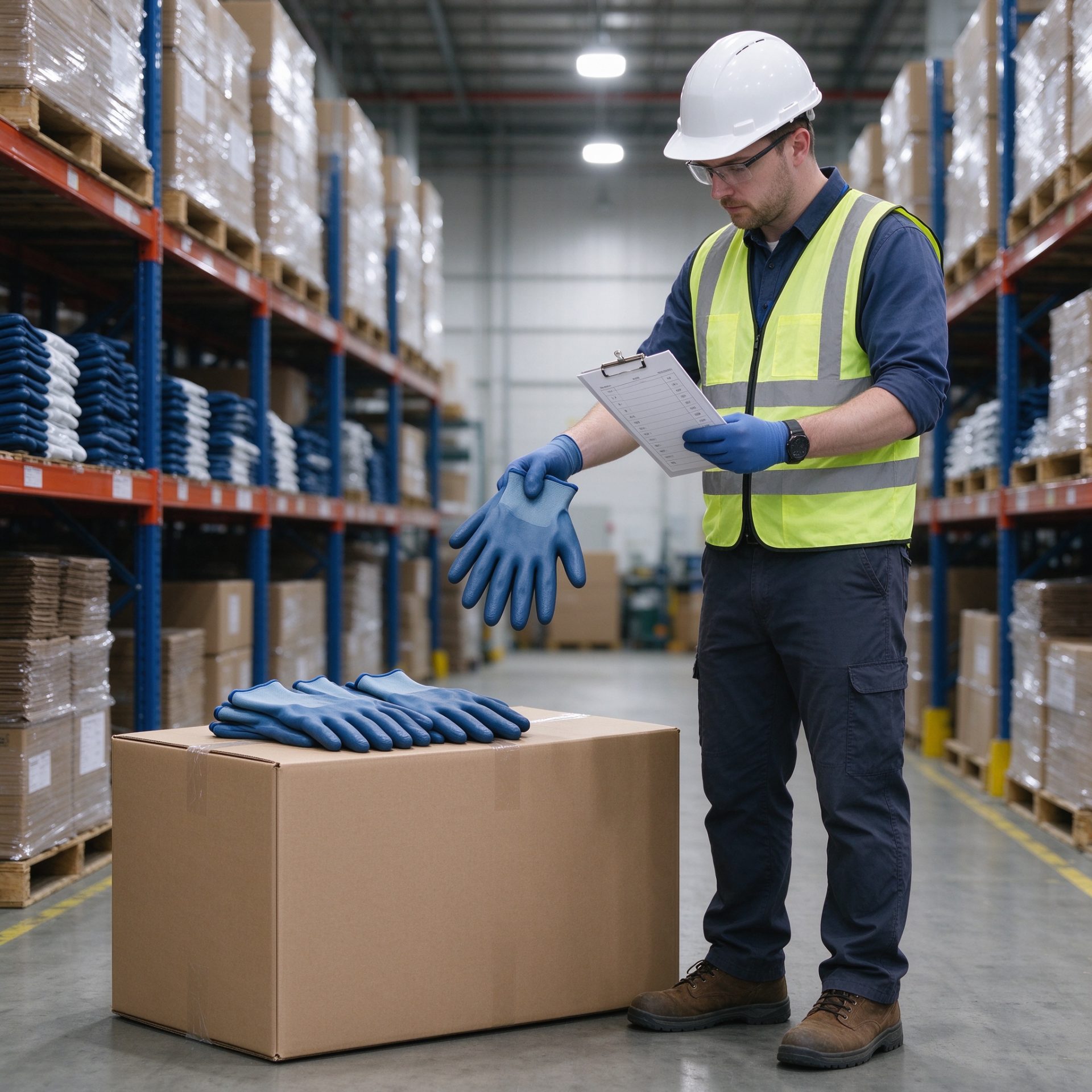 QC inspector counting gloves before shipment