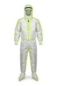 Chemical protective suit with taped seams and adjustable hood face opening