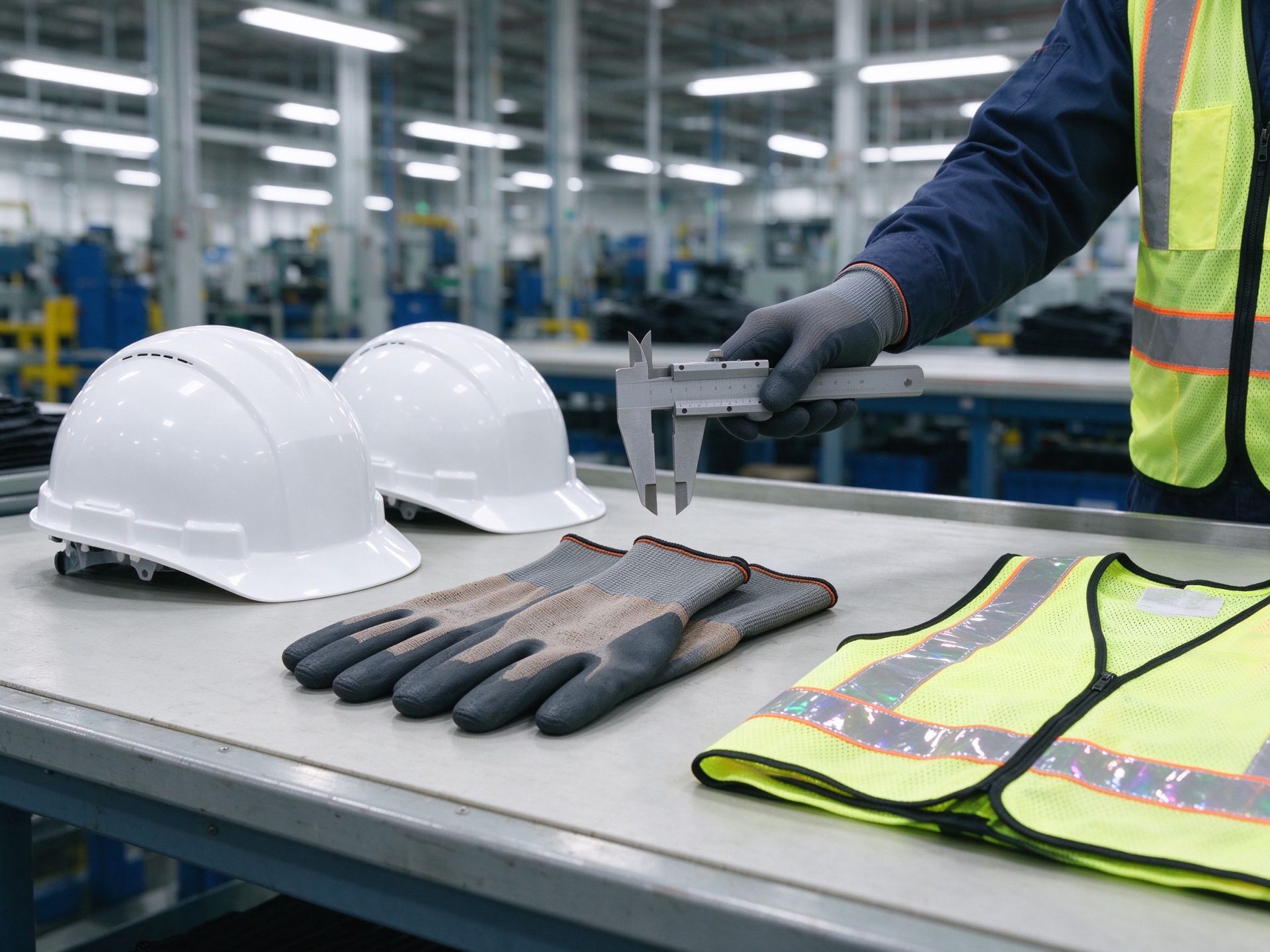 PPE quality control bench — hard hats, gloves, reflective vests